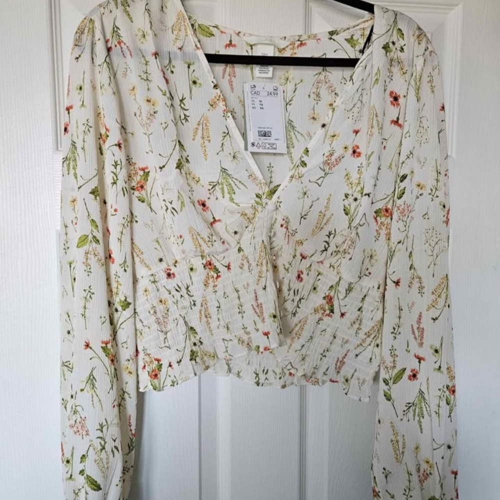 H&M Floral Wrap Blouse - Cream and Green